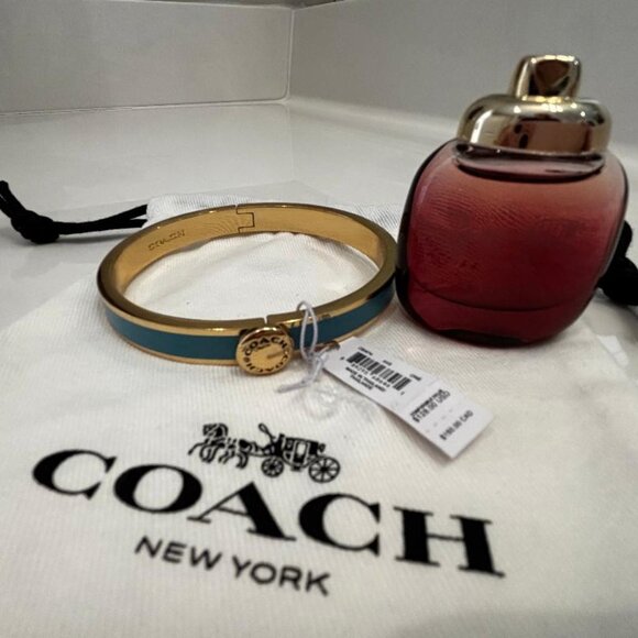 Coach Jewelry - Coach Signature Gold-tone w/Blue Enamel Hinged Bangle Bracelet, Dustbag & Gift
